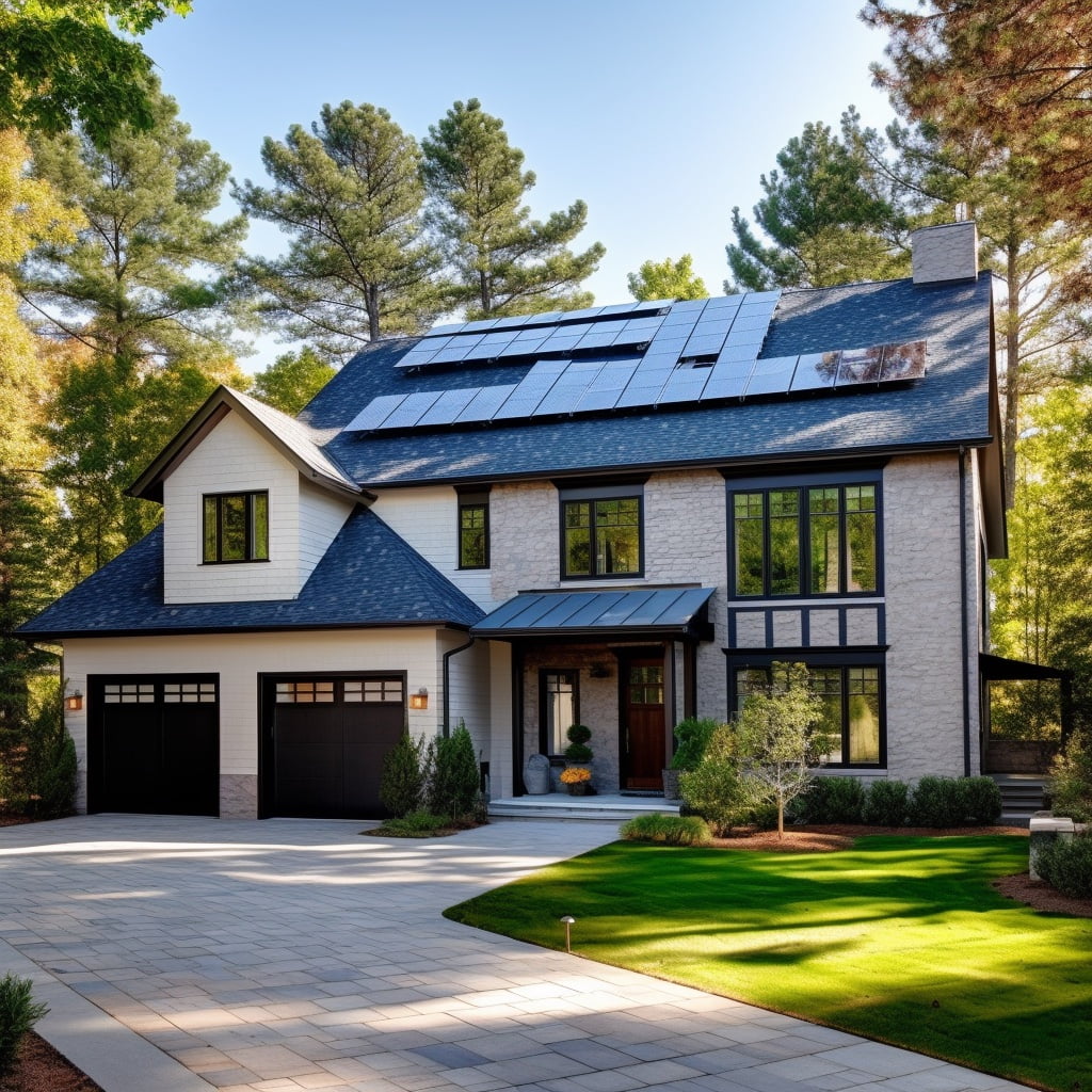 suburban black shingles and solar panels