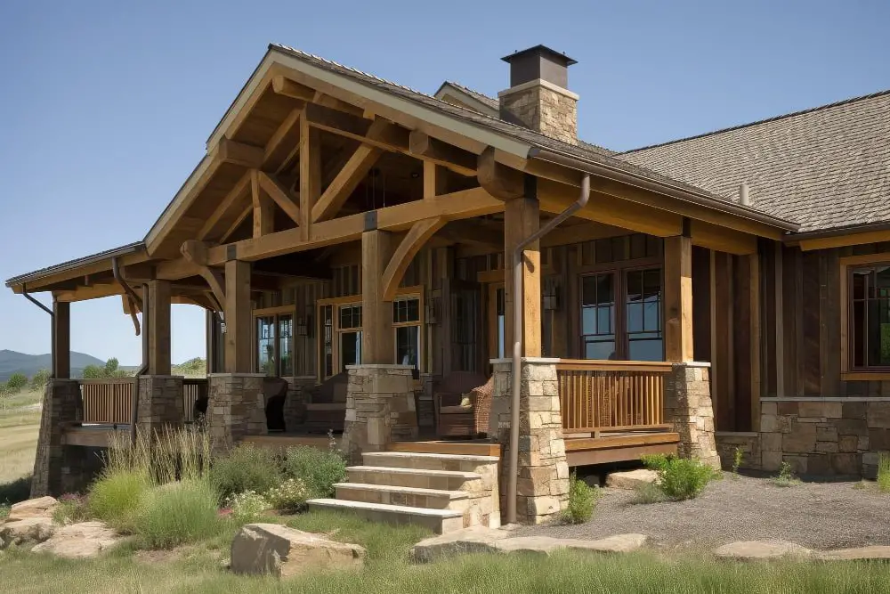 Rustic Timber Framing With Stone Pillars Gable Porch